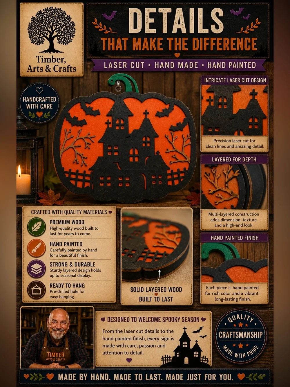 Handcrafted Wooden Sign of Halloween Haunted House Pumpkin Wall Decor